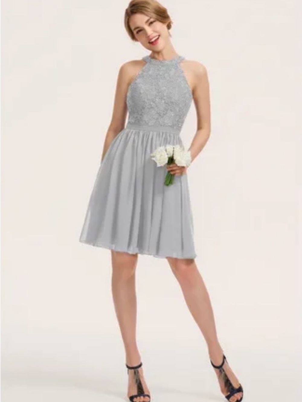 Halter Lace Bodice Chiffon Dress in Light Silver